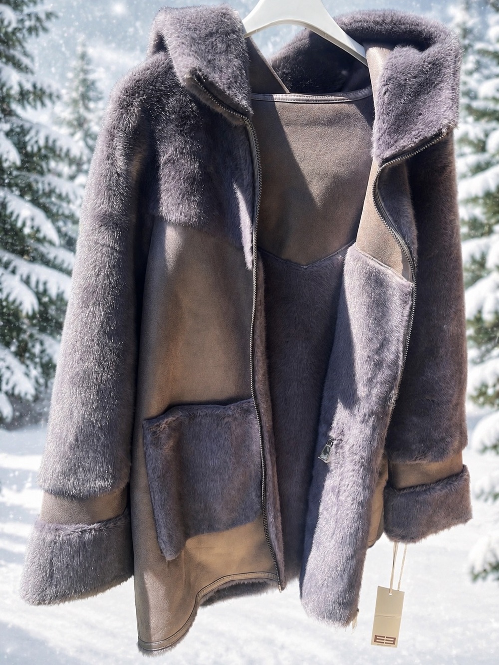 Etcetera NWT Ash Blue Fox Hooded Faux Fur Jacket Large Quiet Luxury Après Ski